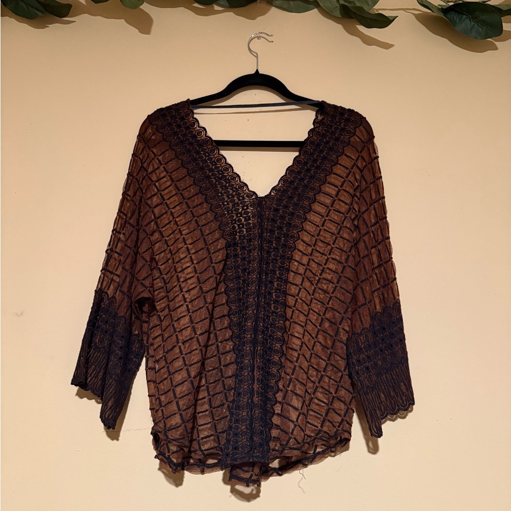 XCVI Mesh  Floral Lace 3/4 Sleeve Pullover Blouse